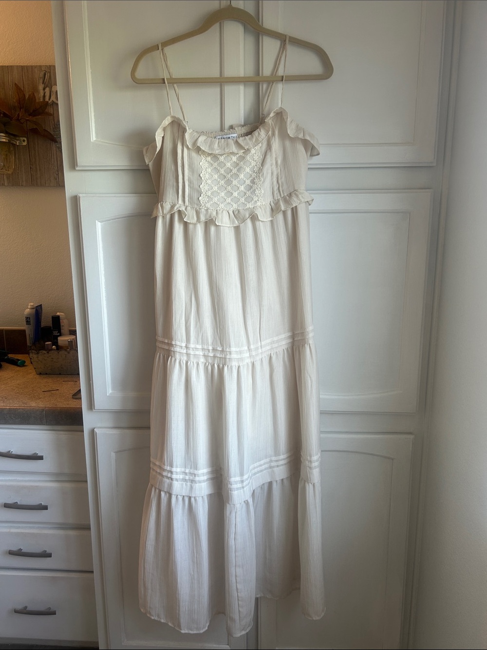 Cream Tiered Maxi Dress with Lace Yoke